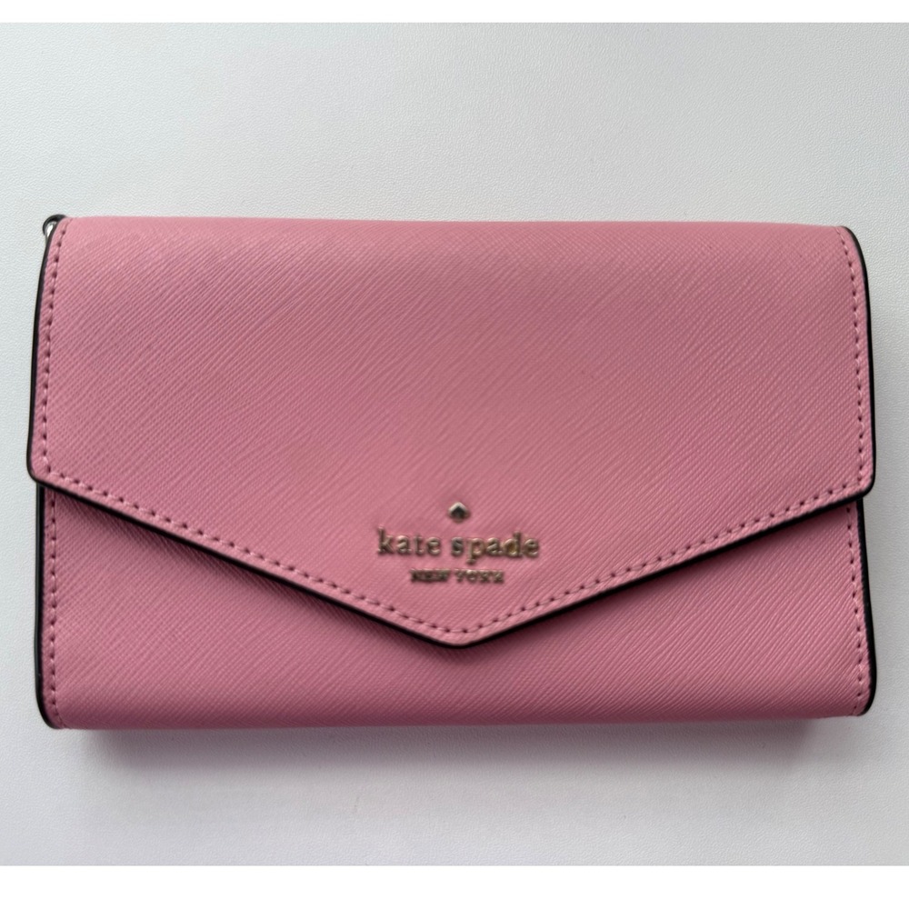 Kate Spade New York Pink Saffiano Leather Envelope Trifold Wallet ID Window